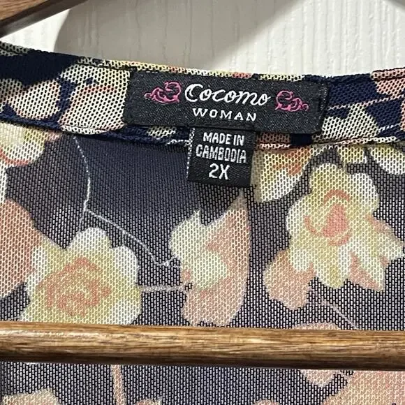 Cocomo Floral Pintucked‎ Mesh Overlay Tunic Top Size 2X Beach Mature - Picture 6 of 7